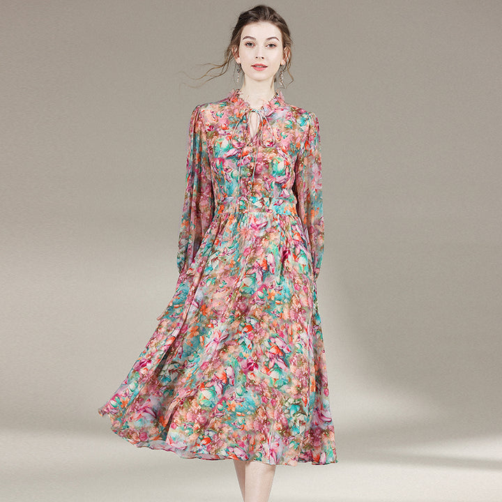 Womens Retro Butterfly Floral Printed Silk Dress SD029