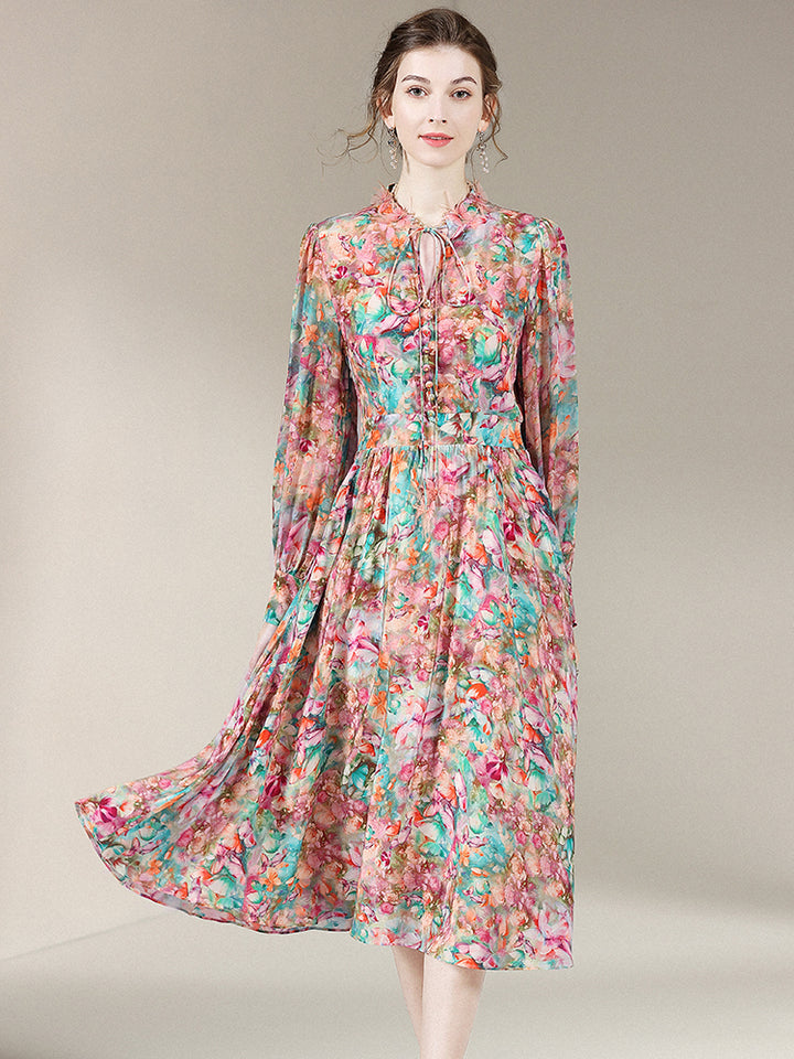 Womens Retro Butterfly Floral Printed Silk Dress SD029