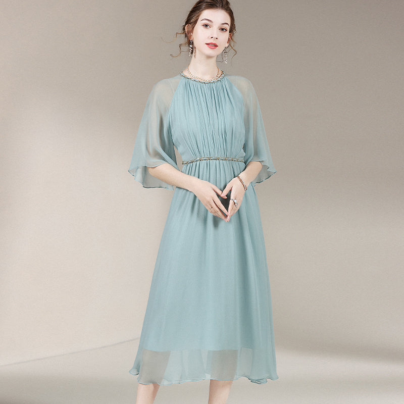 Women Elegant Pastel Turquoise Round Neck Long Silk Mesh Dress SD030