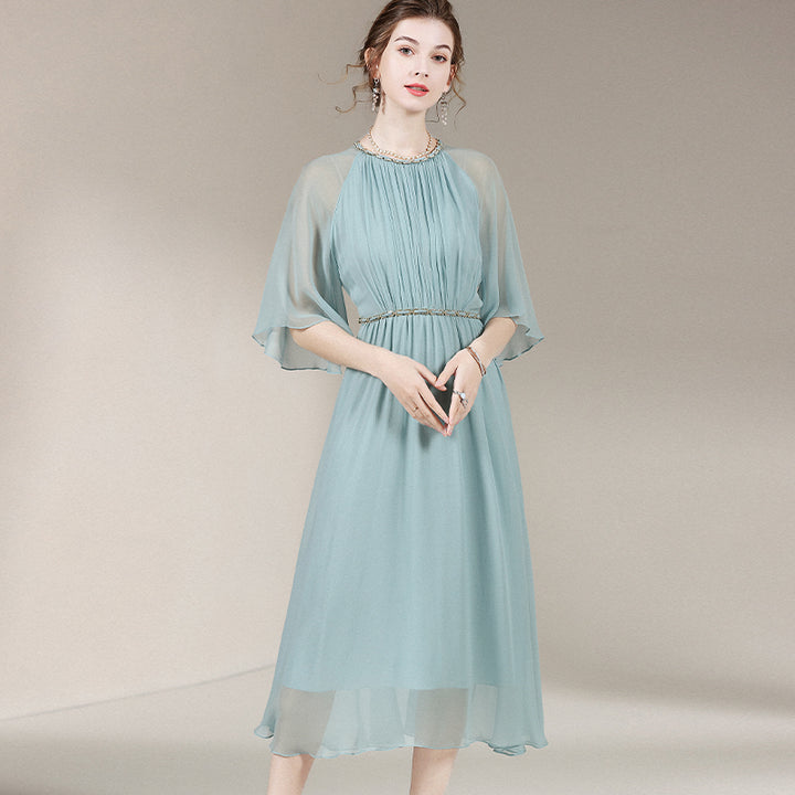 Women Elegant Pastel Turquoise Round Neck Long Silk Mesh Dress SD030