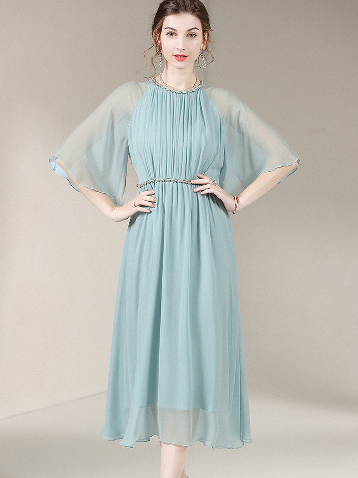 Women Elegant Pastel Turquoise Round Neck Long Silk Mesh Dress SD030