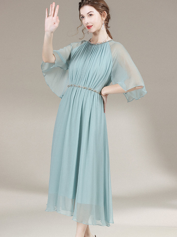 Women Elegant Pastel Turquoise Round Neck Long Silk Mesh Dress SD030