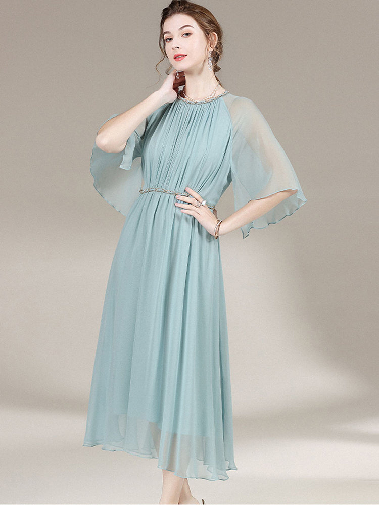 Women Elegant Pastel Turquoise Round Neck Long Silk Mesh Dress SD030