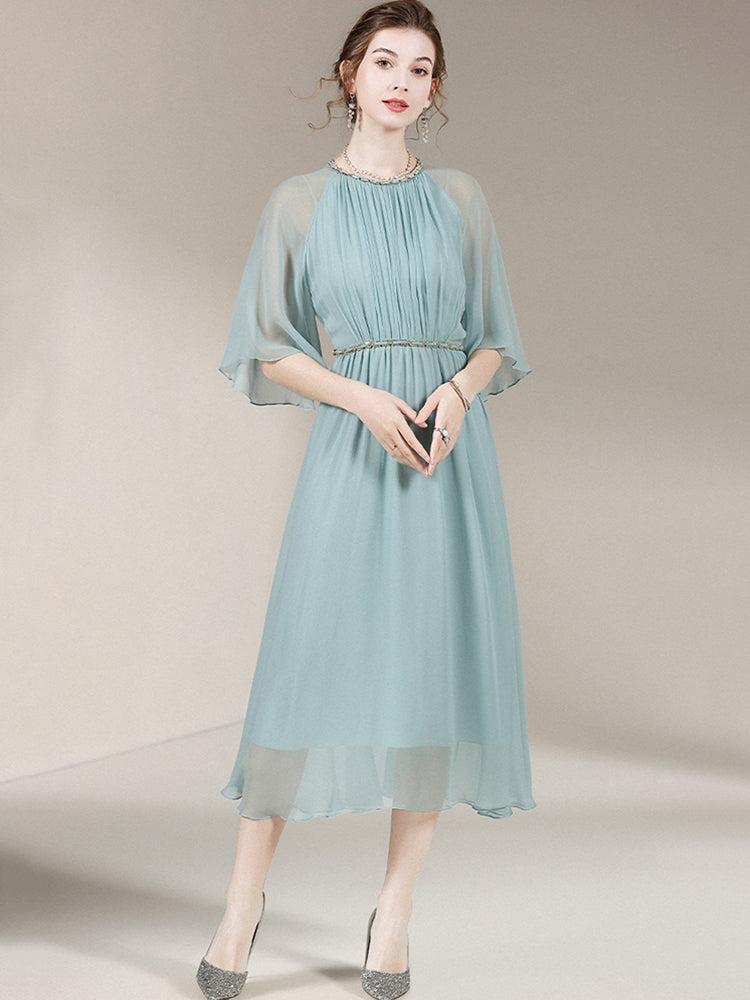 Women Elegant Pastel Turquoise Round Neck Long Silk Mesh Dress SD030