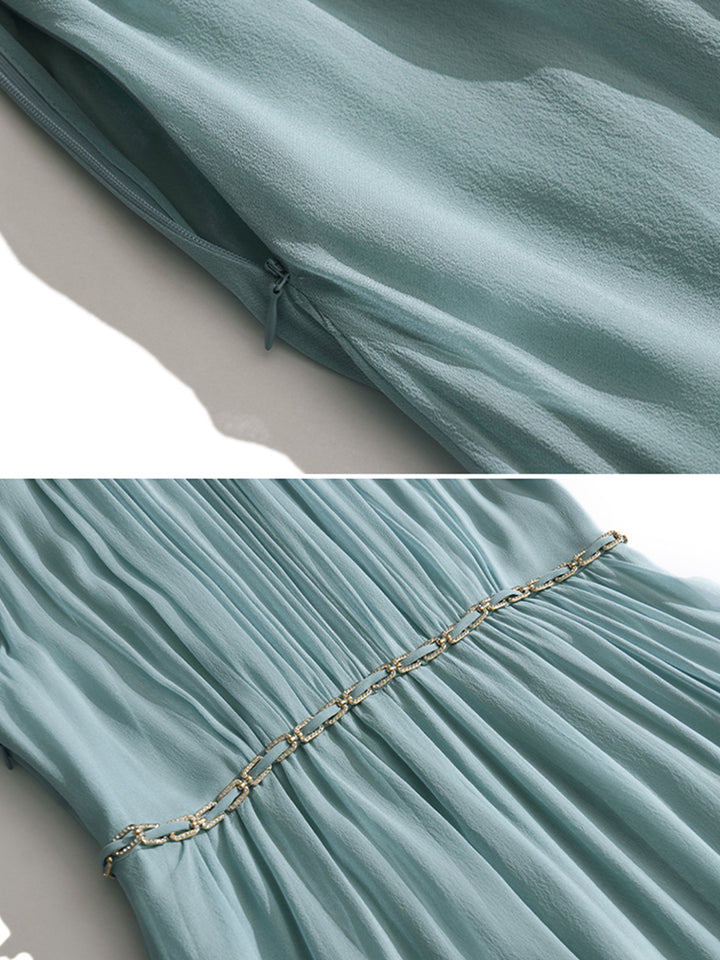 Women Elegant Pastel Turquoise Round Neck Long Silk Mesh Dress SD030