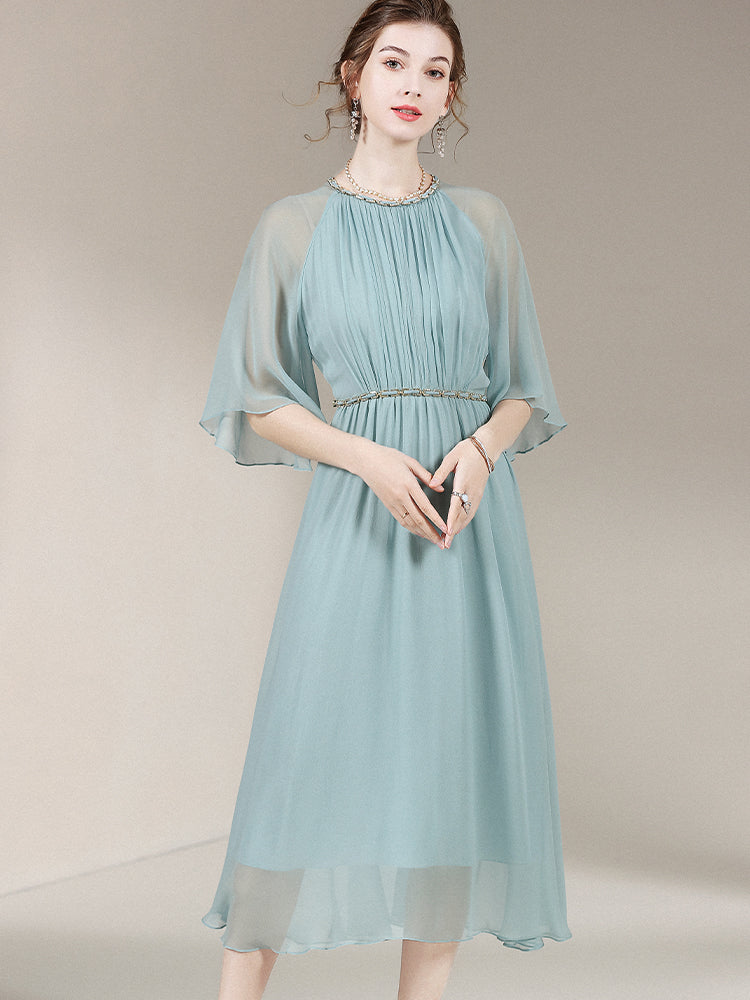 Women Elegant Pastel Turquoise Round Neck Long Silk Mesh Dress SD030