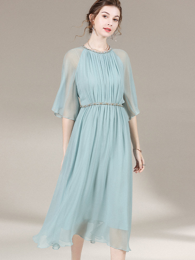 Women Elegant Pastel Turquoise Round Neck Long Silk Mesh Dress SD030