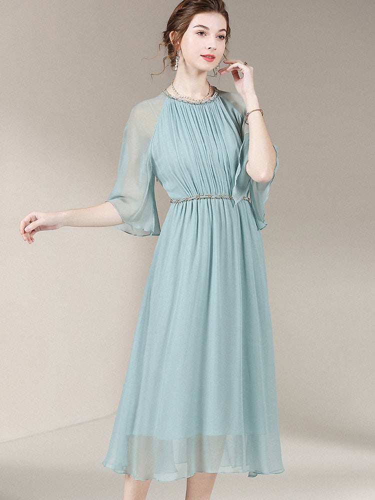 Women Elegant Pastel Turquoise Round Neck Long Silk Mesh Dress SD030