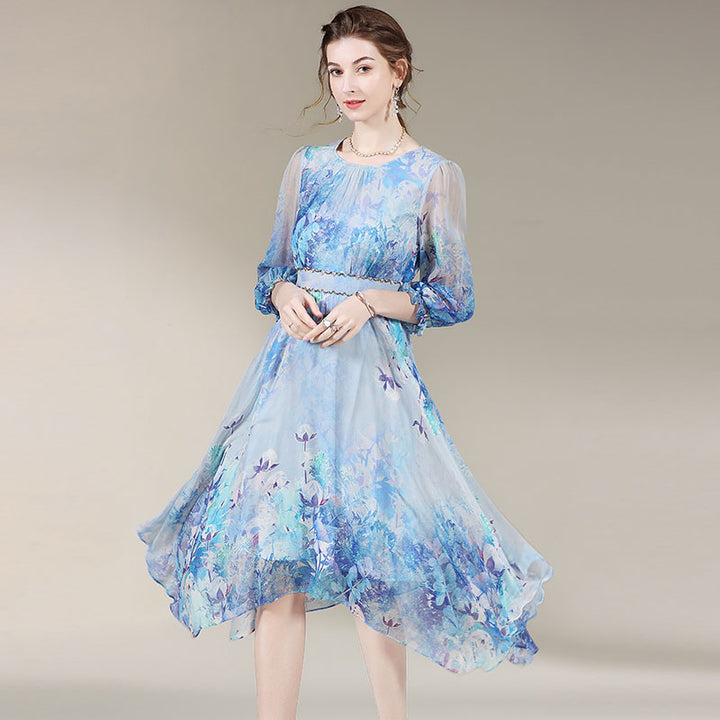 Womens Retro Round Neck Floral Printed Silk Dress SD031