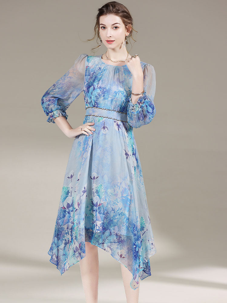 Womens Retro Round Neck Floral Printed Silk Dress SD031