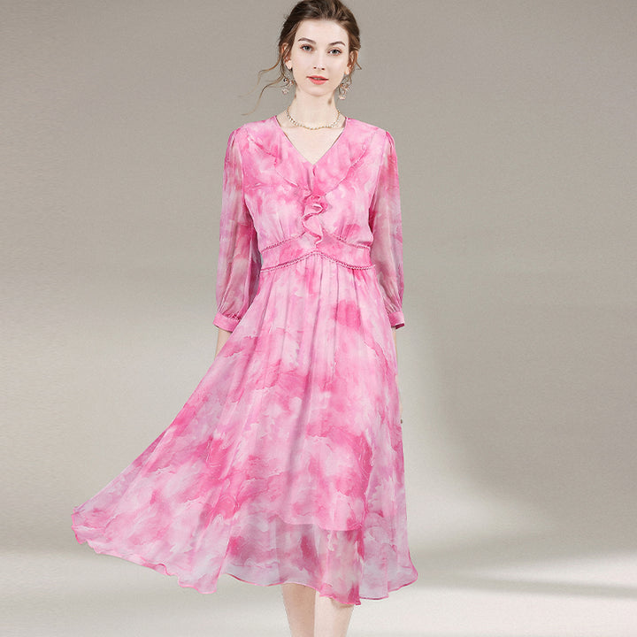 Womens Elegant Ruffled Pink Floral Long Silk Dress SD032