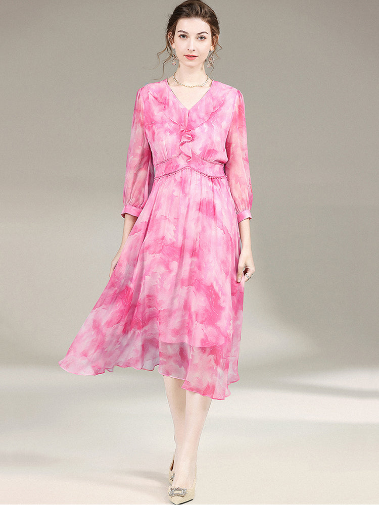 Womens Elegant Ruffled Pink Floral Long Silk Dress SD032