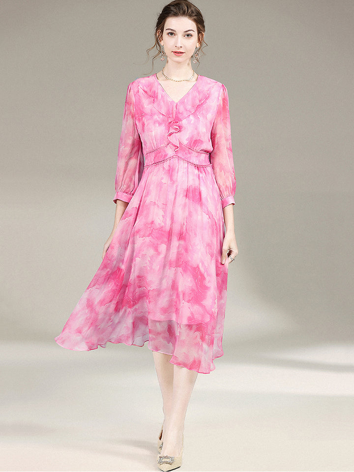 Womens Elegant Ruffled Pink Floral Long Silk Dress SD032