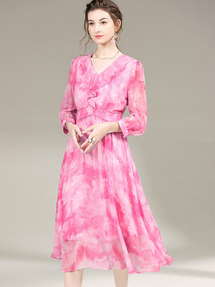 Womens Elegant Ruffled Pink Floral Long Silk Dress SD032