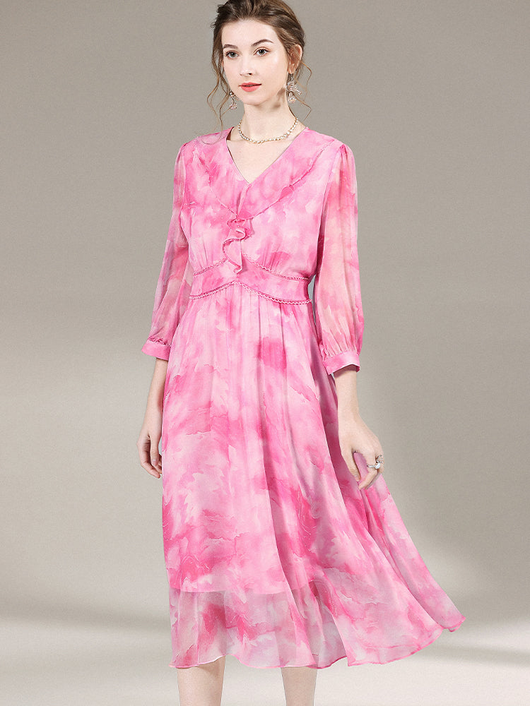 Womens Elegant Ruffled Pink Floral Long Silk Dress SD032