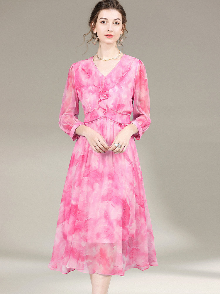 Womens Elegant Ruffled Pink Floral Long Silk Dress SD032