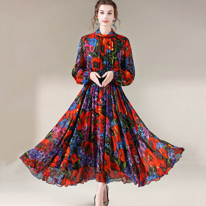 Womens Vintage Flower Print Long Temperament Silk Dress SD033