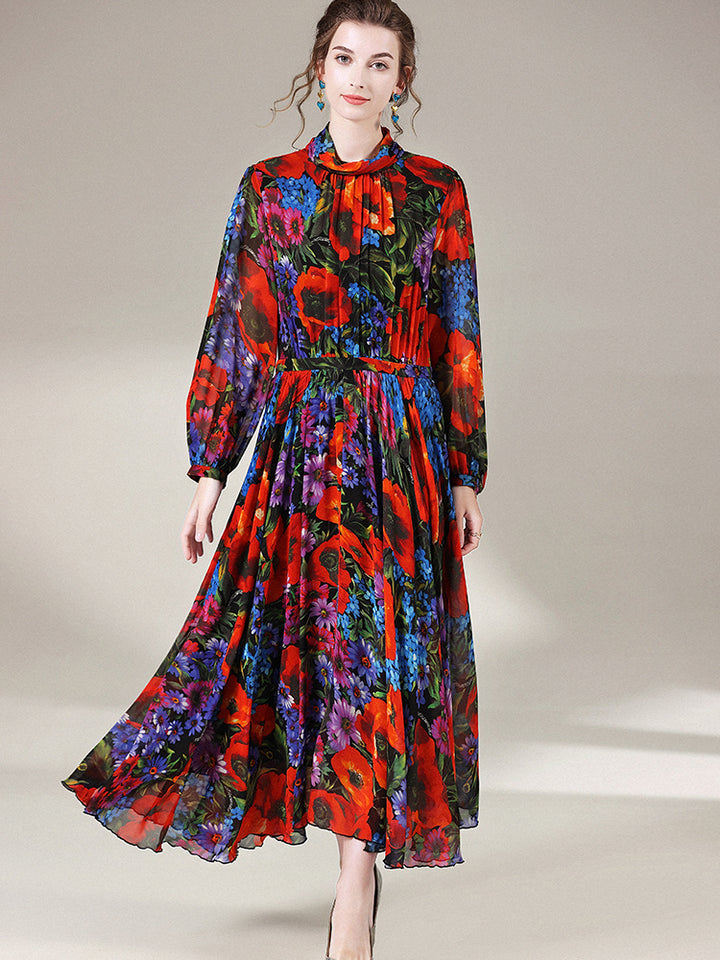 Womens Vintage Flower Print Long Temperament Silk Dress SD033