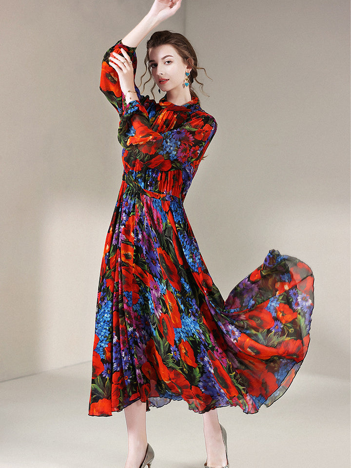 Womens Vintage Flower Print Long Temperament Silk Dress SD033