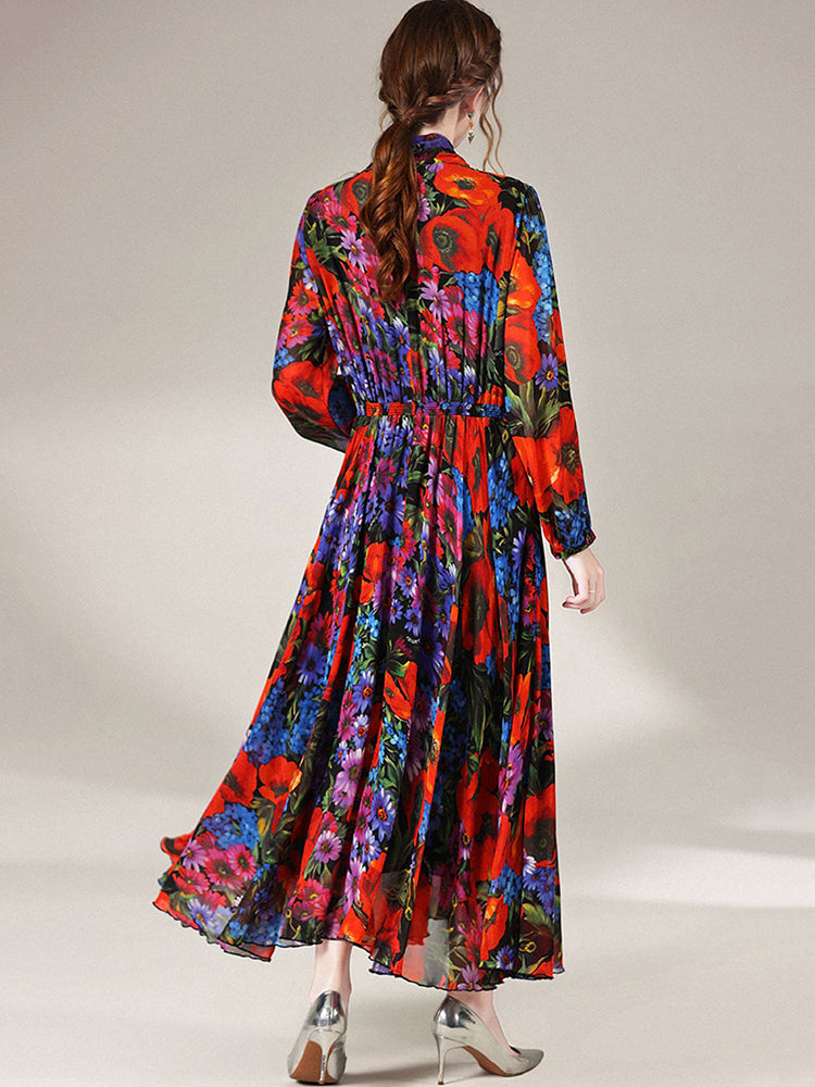 Womens Vintage Flower Print Long Temperament Silk Dress SD033