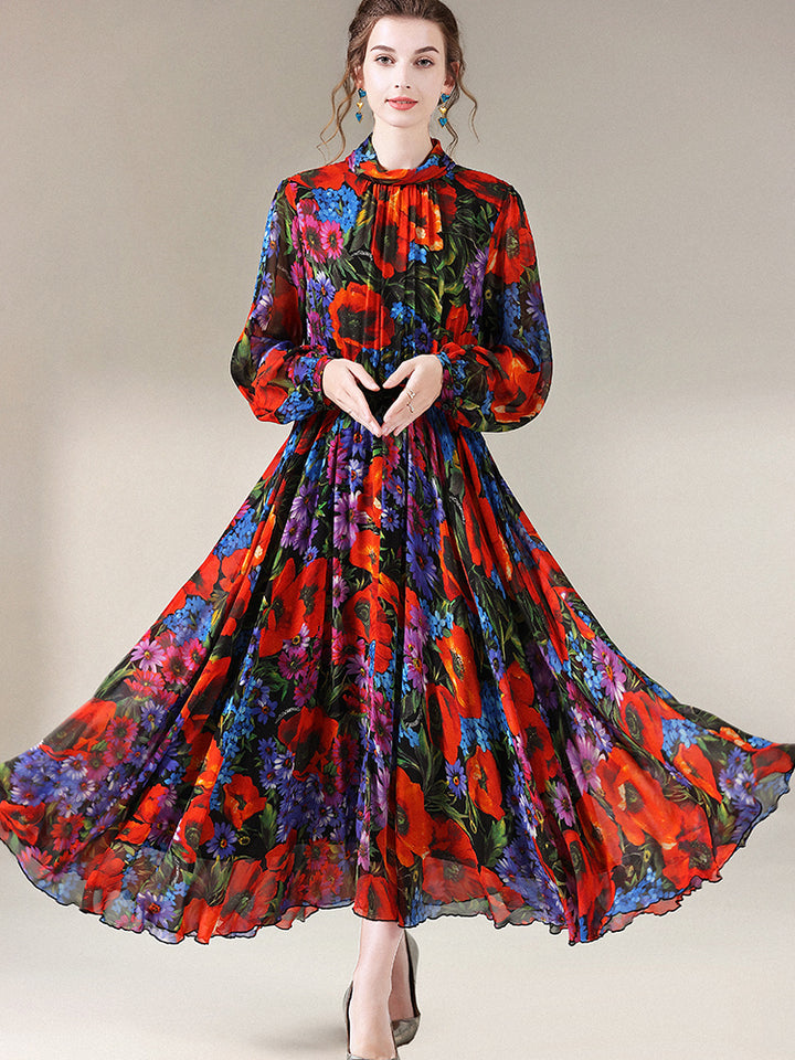 Womens Vintage Flower Print Long Temperament Silk Dress SD033