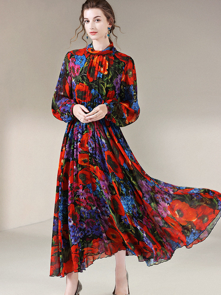 Womens Vintage Flower Print Long Temperament Silk Dress SD033