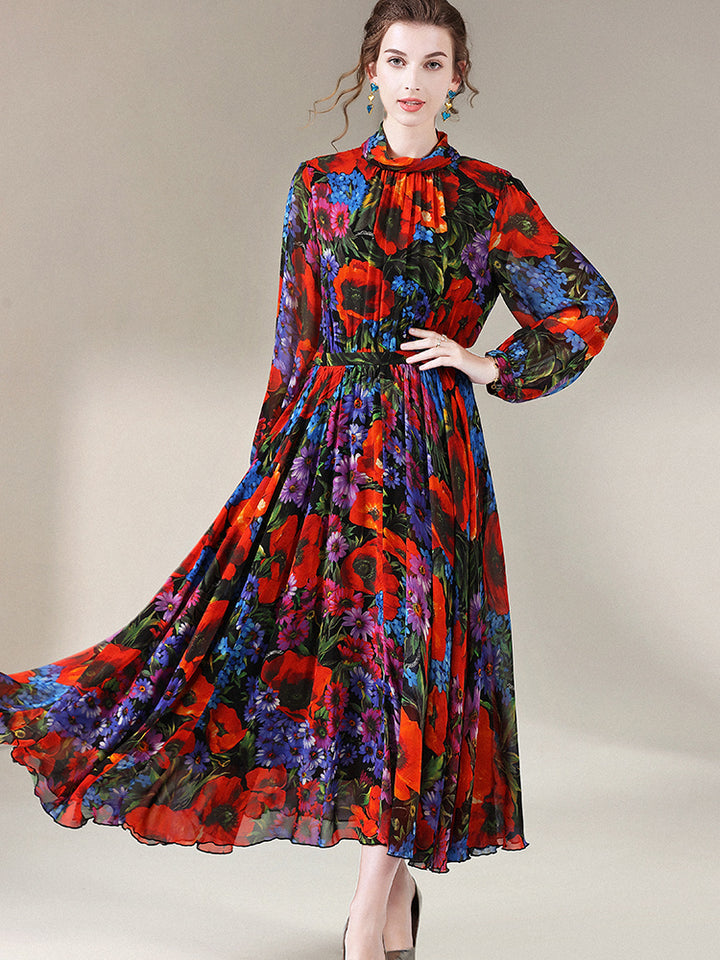 Womens Vintage Flower Print Long Temperament Silk Dress SD033