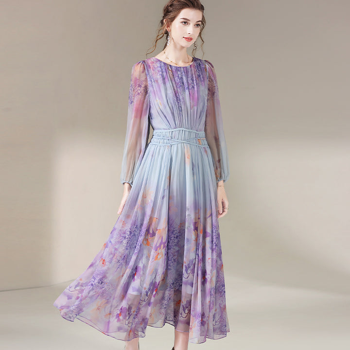 Purple Floral Printed Long Flowy Mulberry Silk Dress SD034