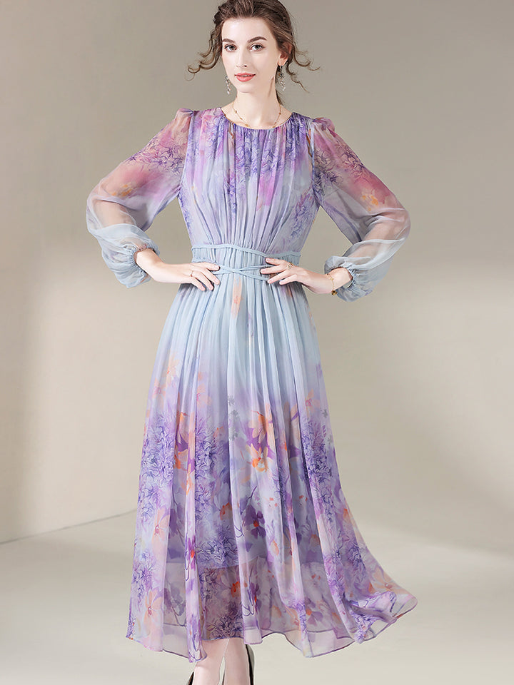 Purple Floral Printed Long Flowy Mulberry Silk Dress SD034