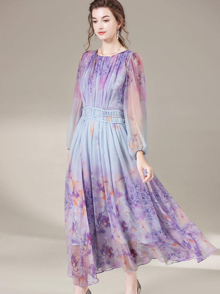 Purple Floral Printed Long Flowy Mulberry Silk Dress SD034