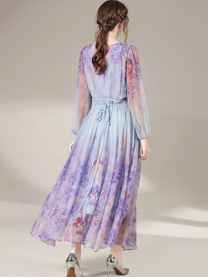 Purple Floral Printed Long Flowy Mulberry Silk Dress SD034