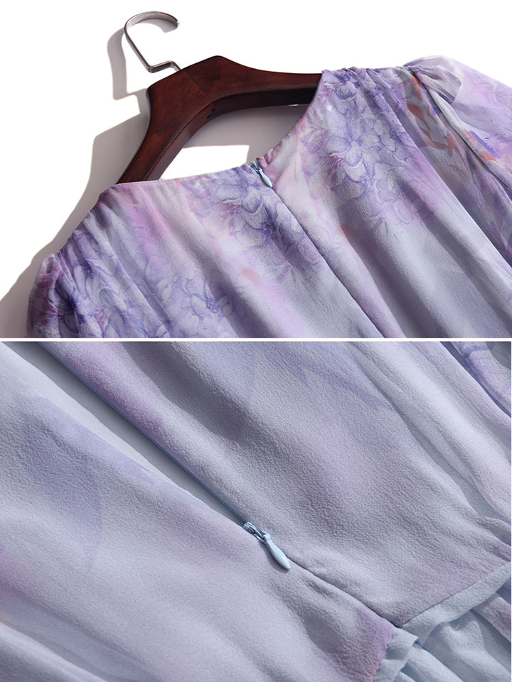 Purple Floral Printed Long Flowy Mulberry Silk Dress SD034