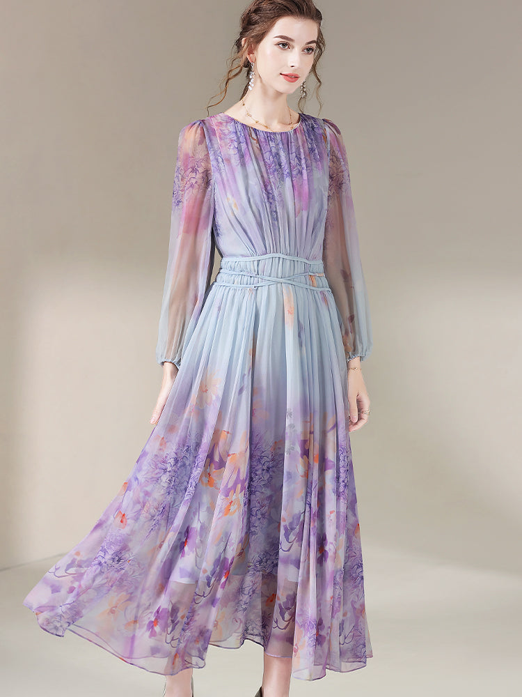 Purple Floral Printed Long Flowy Mulberry Silk Dress SD034