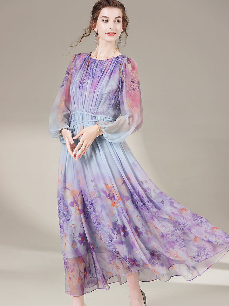 Purple Floral Printed Long Flowy Mulberry Silk Dress SD034