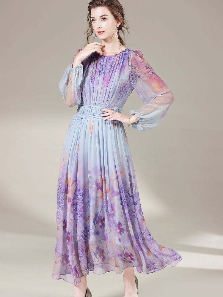 Purple Floral Printed Long Flowy Mulberry Silk Dress SD034