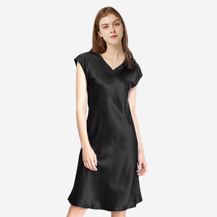 Double-Sided Silky V-Neck Cap Sleeve Mulberry Silk Nightgown LSP009