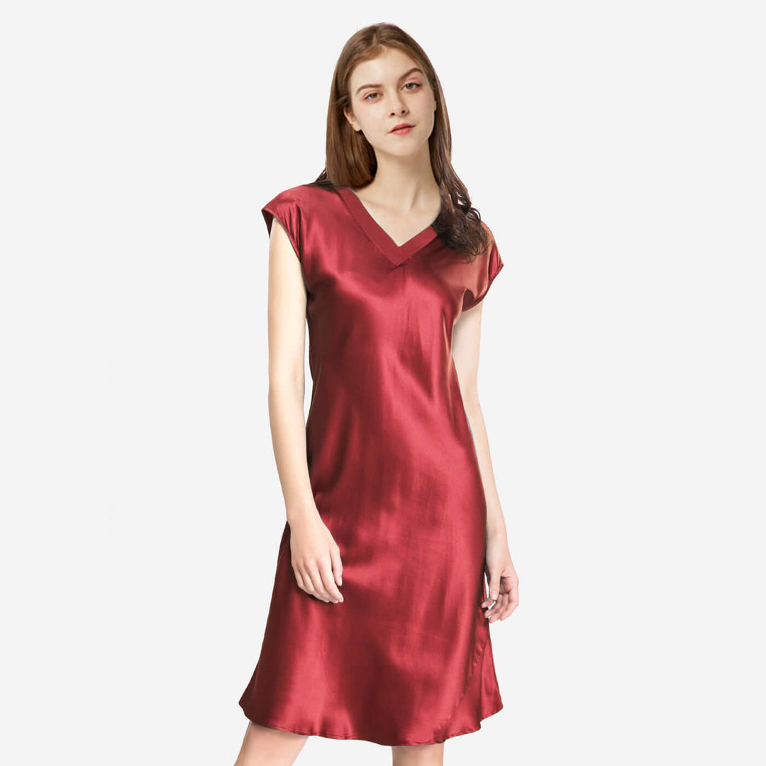Double-Sided Silky V-Neck Cap Sleeve Mulberry Silk Nightgown LSP009