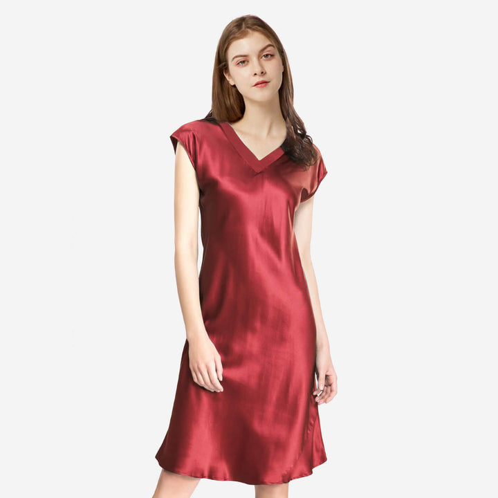 Double-Sided Silky V-Neck Cap Sleeve Mulberry Silk Nightgown LSP009