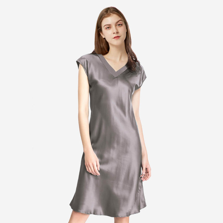 Double-Sided Silky V-Neck Cap Sleeve Mulberry Silk Nightgown LSP009