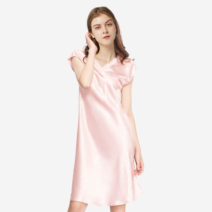 Double-Sided Silky V-Neck Cap Sleeve Mulberry Silk Nightgown LSP009