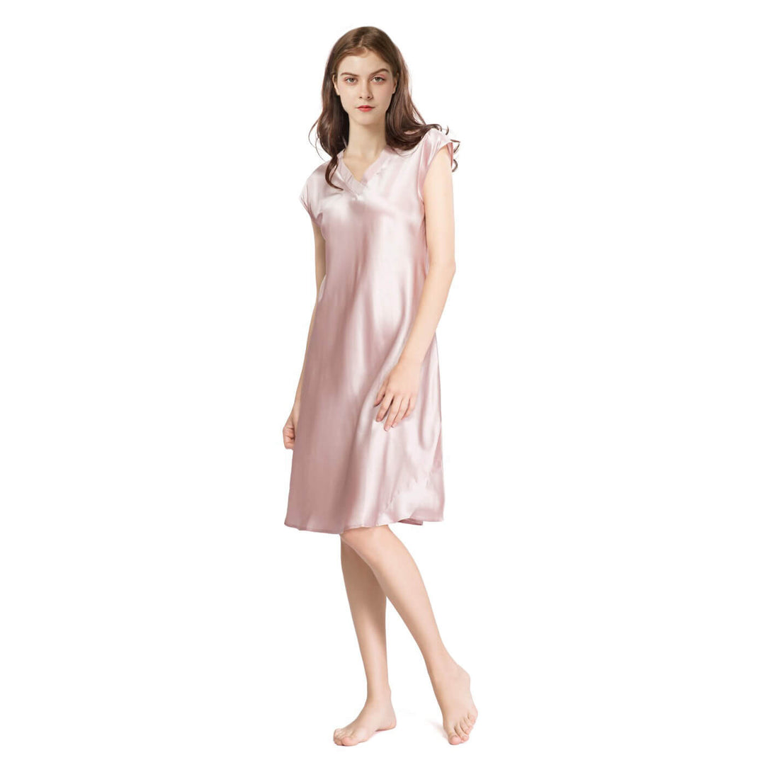 Double-Sided Silky V-Neck Cap Sleeve Mulberry Silk Nightgown LSP009