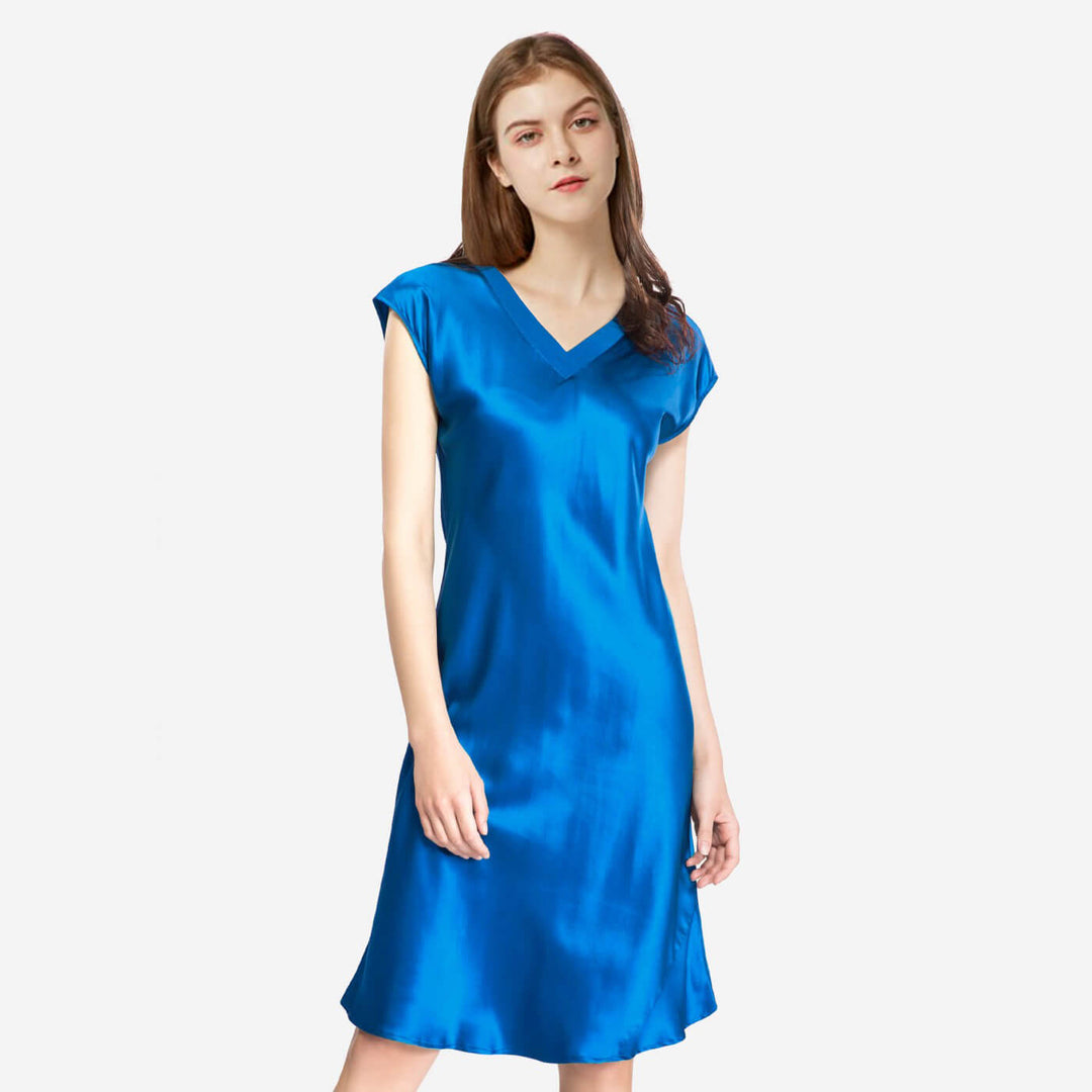 Double-Sided Silky V-Neck Cap Sleeve Mulberry Silk Nightgown LSP009