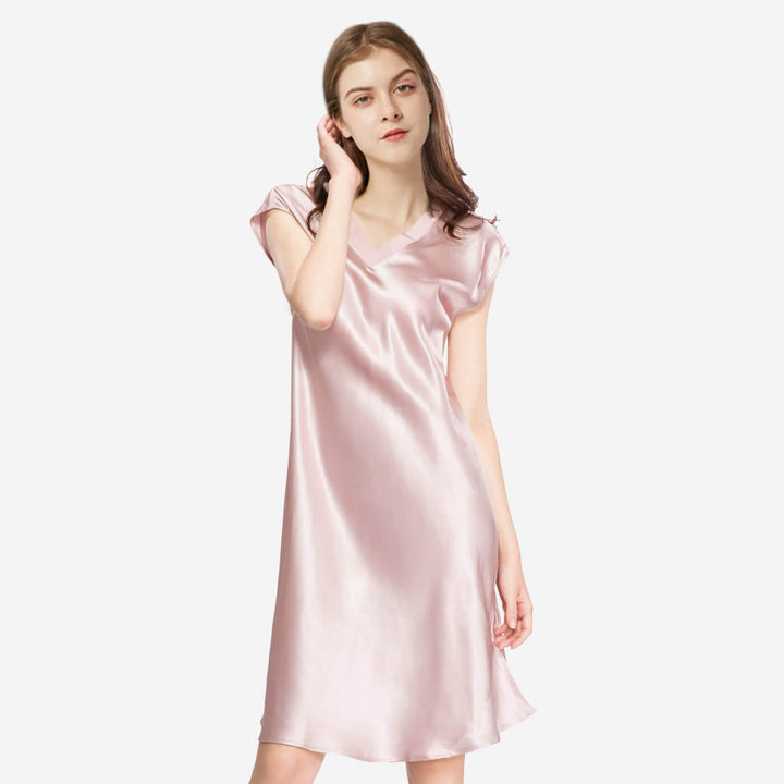 Double-Sided Silky V-Neck Cap Sleeve Mulberry Silk Nightgown LSP009