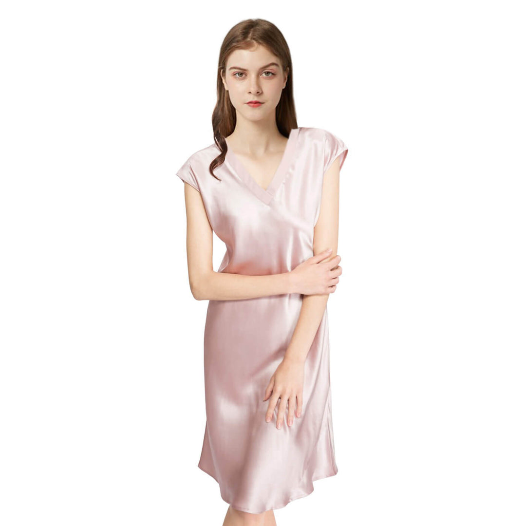 Double-Sided Silky V-Neck Cap Sleeve Mulberry Silk Nightgown LSP009