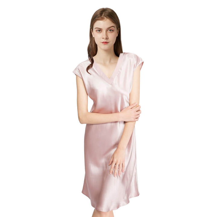 Double-Sided Silky V-Neck Cap Sleeve Mulberry Silk Nightgown LSP009