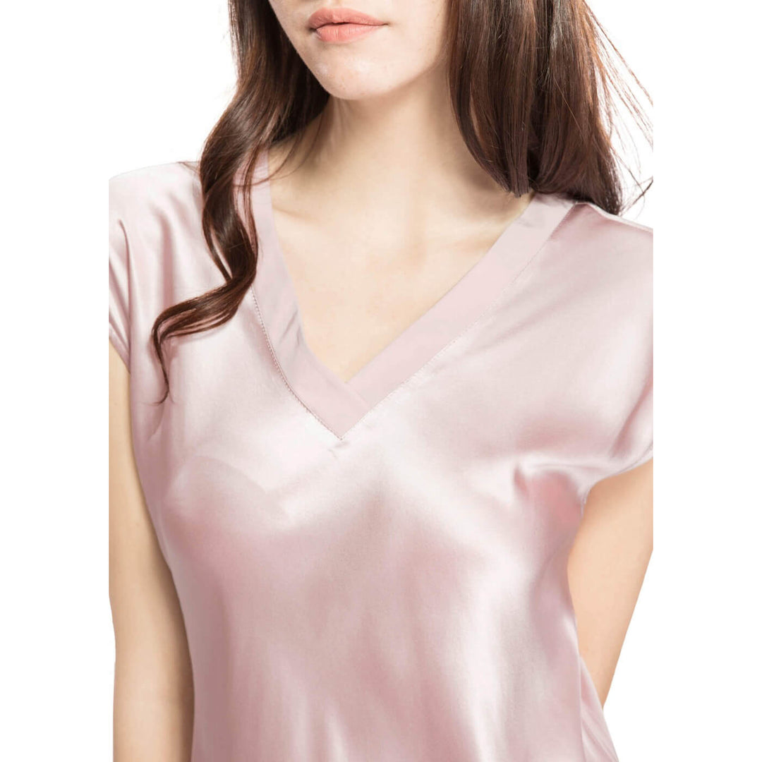 Double-Sided Silky V-Neck Cap Sleeve Mulberry Silk Nightgown LSP009