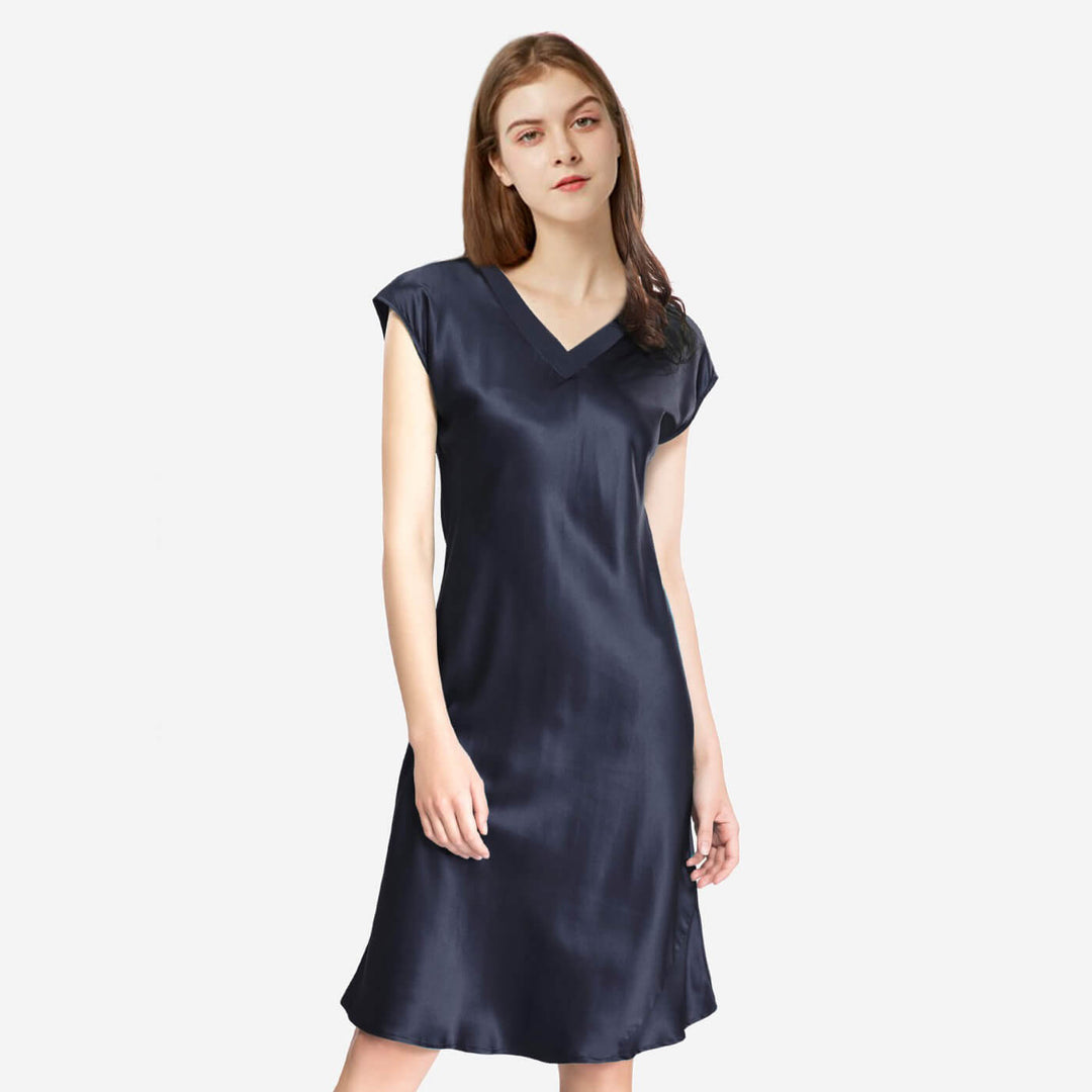 Double-Sided Silky V-Neck Cap Sleeve Mulberry Silk Nightgown LSP009
