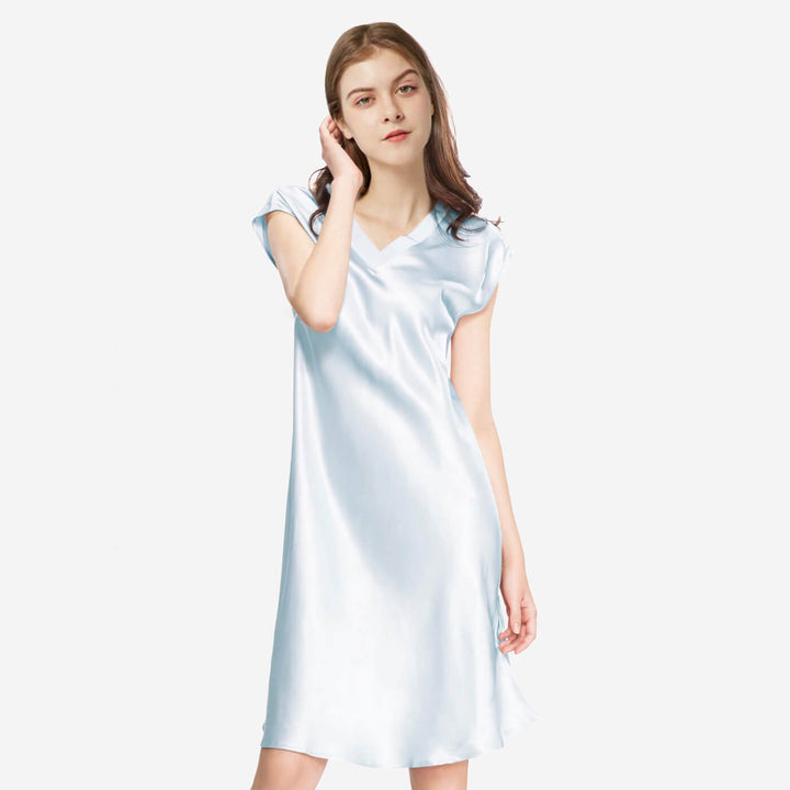 Double-Sided Silky V-Neck Cap Sleeve Mulberry Silk Nightgown LSP009