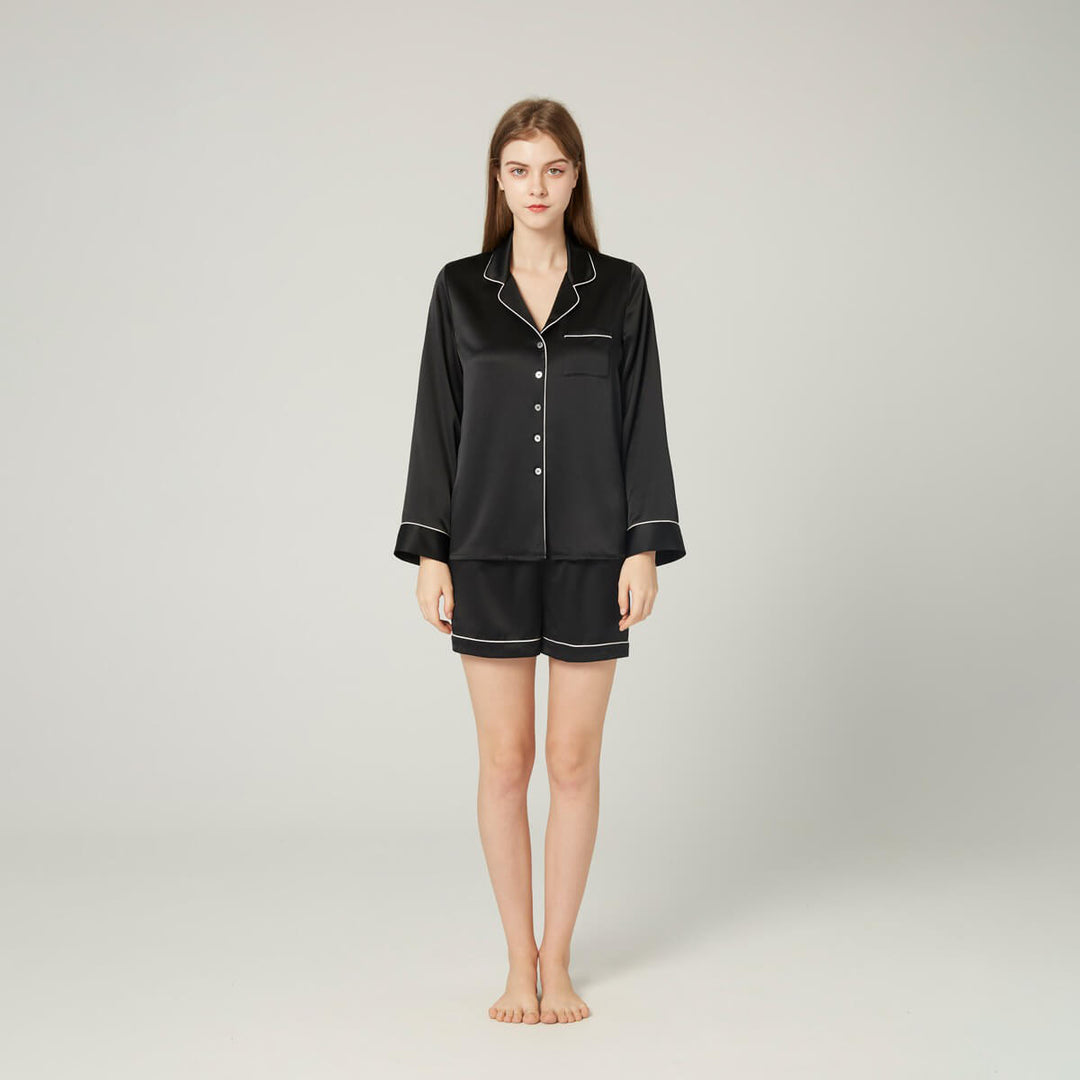 Double-Sided Silky Women Luxury Long Sleeve Silk Pajama Shorts Set LSP002