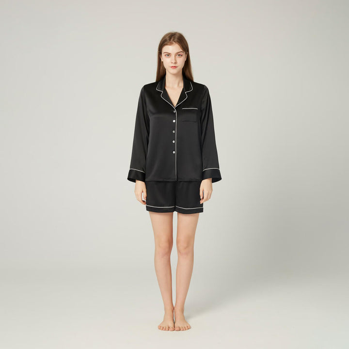 Double-Sided Silky Women Luxury Long Sleeve Silk Pajama Shorts Set LSP002